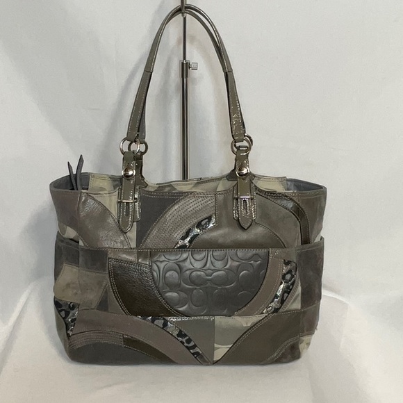 Coach F15459 Ocelot Tote Taupe Neutral Tones Patchwork Leather Suede Jaquard Bag - Picture 1 of 15